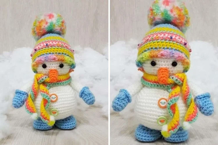 Two pictures of a crocheted snowman.