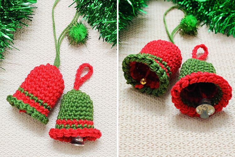 Two pictures of crocheted christmas bells.