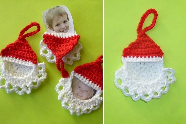 Crocheted santa claus ornaments with a photo.