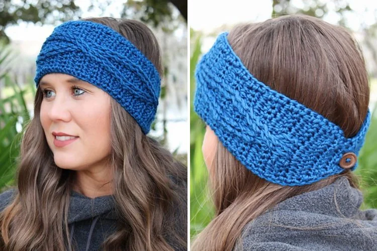 A woman wearing a blue knitted headband.