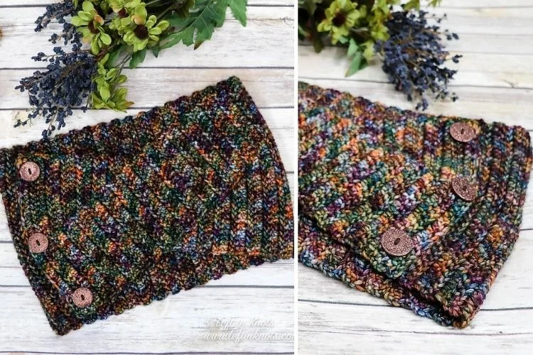 Two pictures of a knitted scarf with buttons.