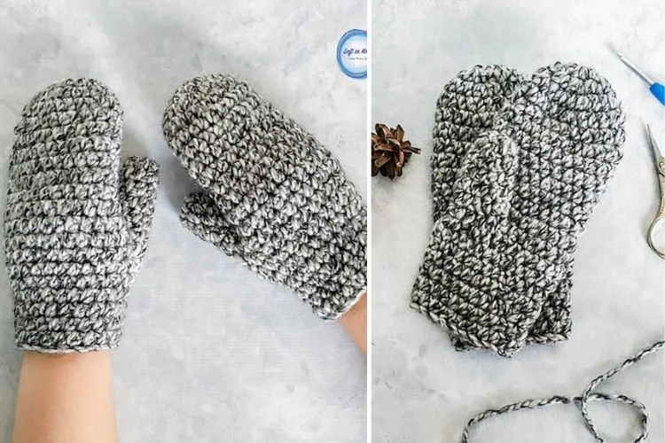 Two pictures of crocheted mittens.