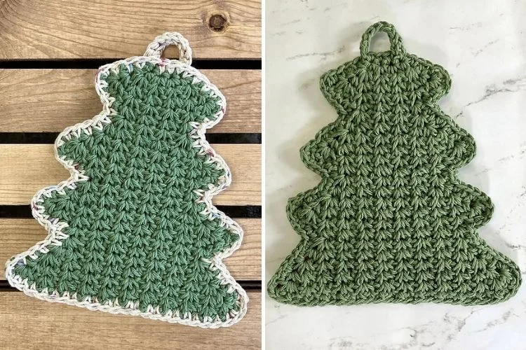 Two pictures of a green crocheted christmas tree.