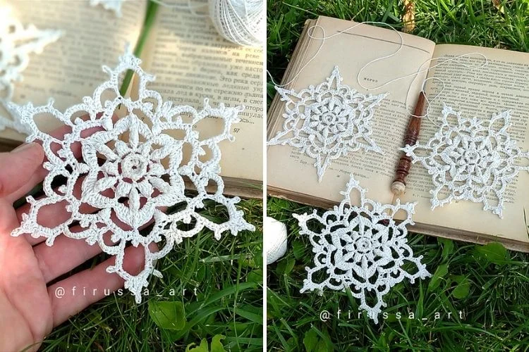 Two pictures of a person holding a snowflake.