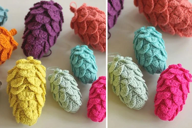 Crocheted pine cone ornaments in a variety of colors.