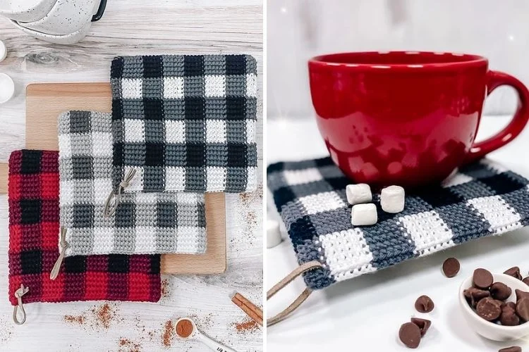 Two pictures of a crocheted plaid coaster and a cup of coffee.