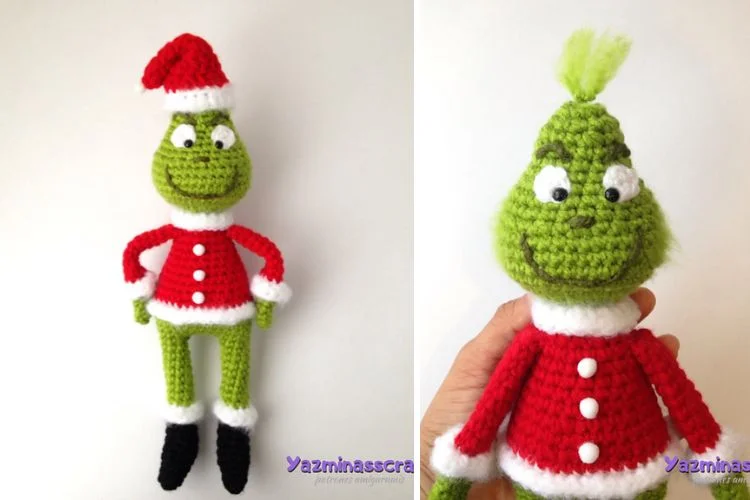 Two pictures of a crocheted santa claus doll.