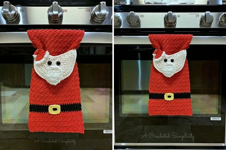 Two pictures of a santa claus kitchen towel hanging on an oven.