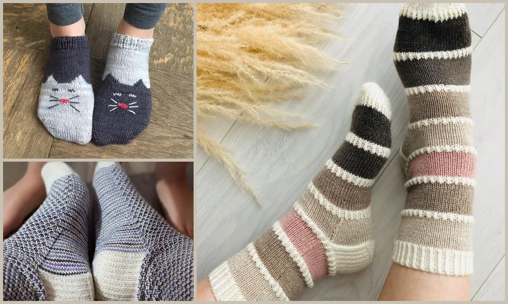 A collage of pictures of knitted socks with a cat on them.