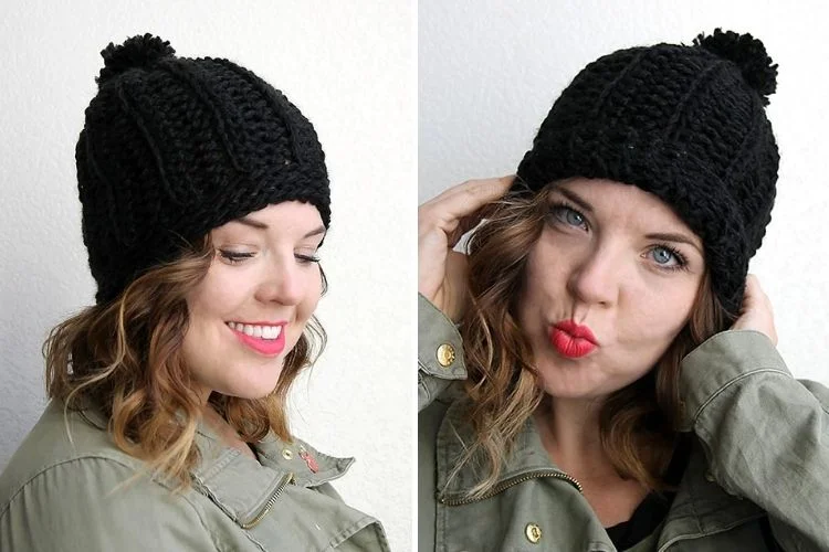 Two pictures of a woman wearing a black knit hat.