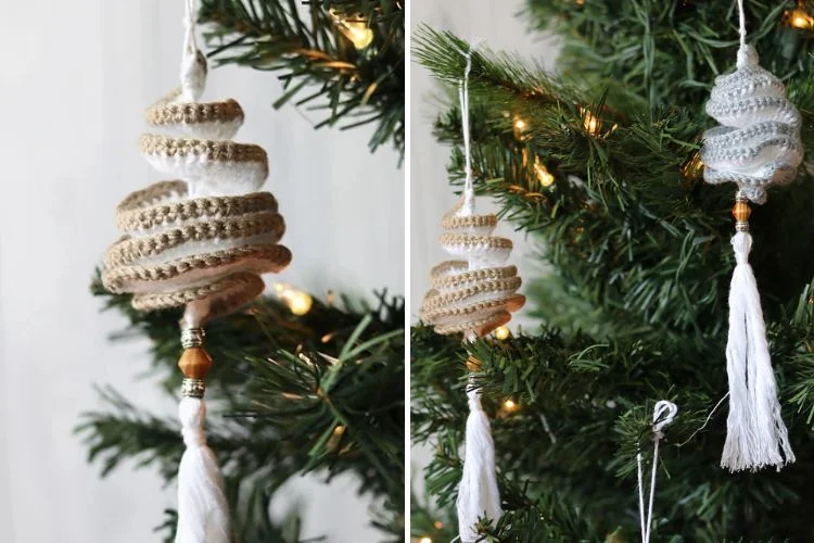 Two pictures of tassel ornaments hanging on a tree.