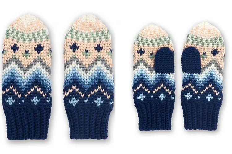 A pair of knitted mittens with different designs.