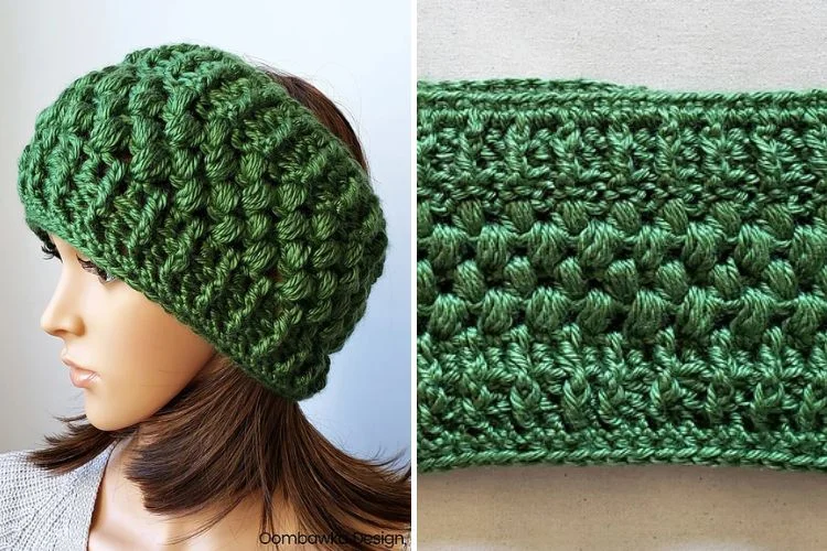 A green knitted headband with a mannequin wearing it.