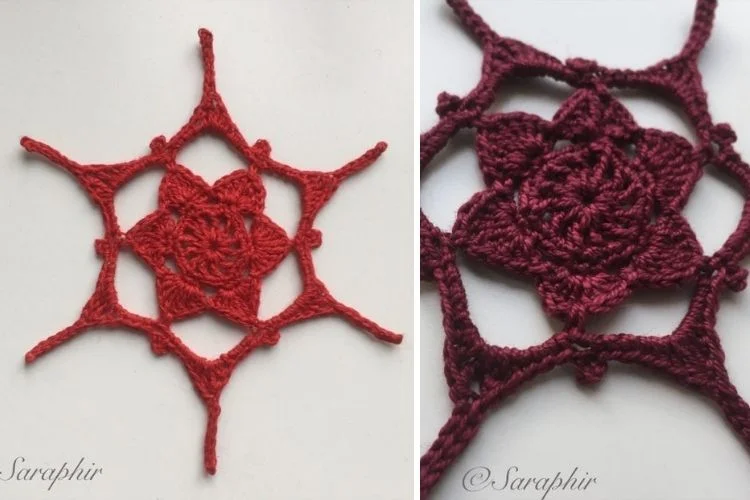 Two pictures of a red crocheted snowflake.