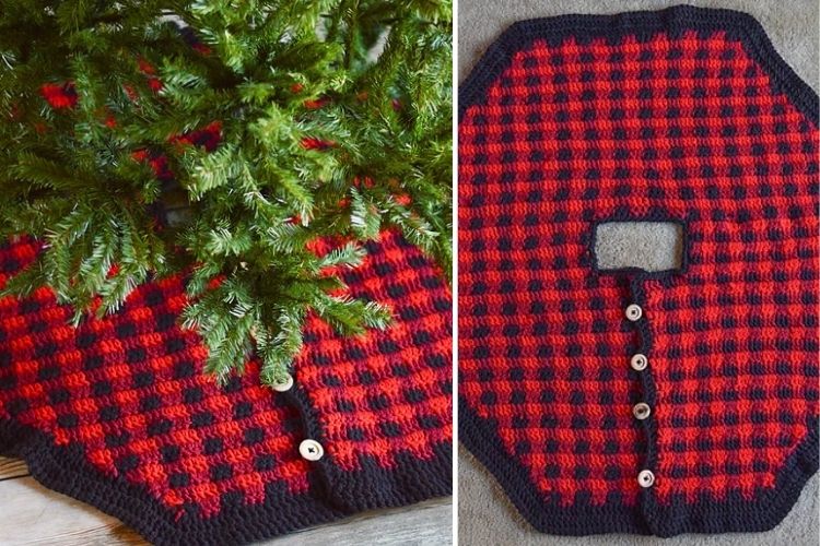 A knitted christmas tree skirt with a red and black checkered pattern.