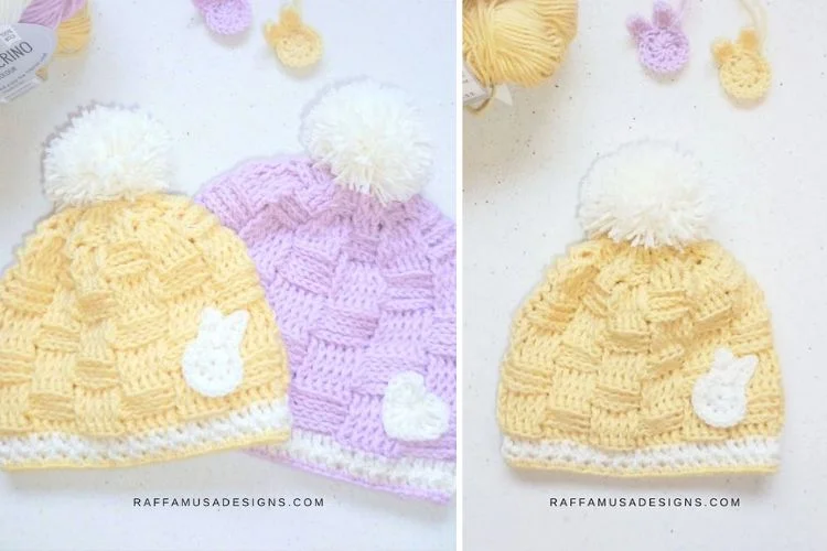 Two pictures of crocheted hats with pom poms.