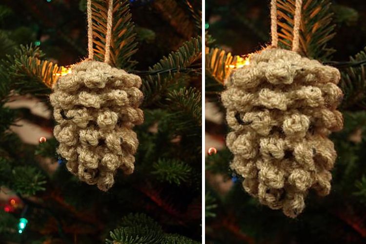 Two pictures of a crocheted pine cone ornament hanging on a tree.