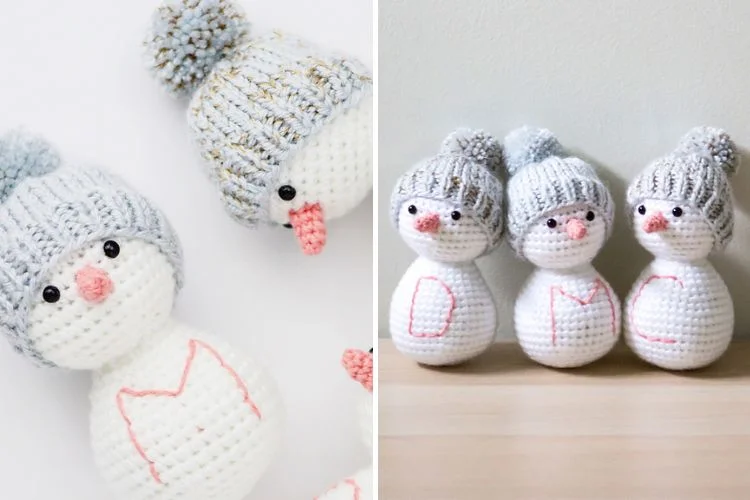 Two pictures of crocheted snowmen with their names written on them.