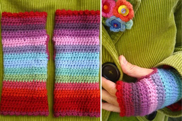 A pair of crocheted fingerless mitts.