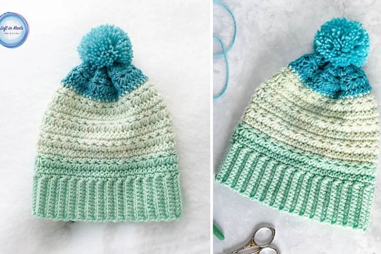 Two pictures of a crocheted beanie with a pom pom.