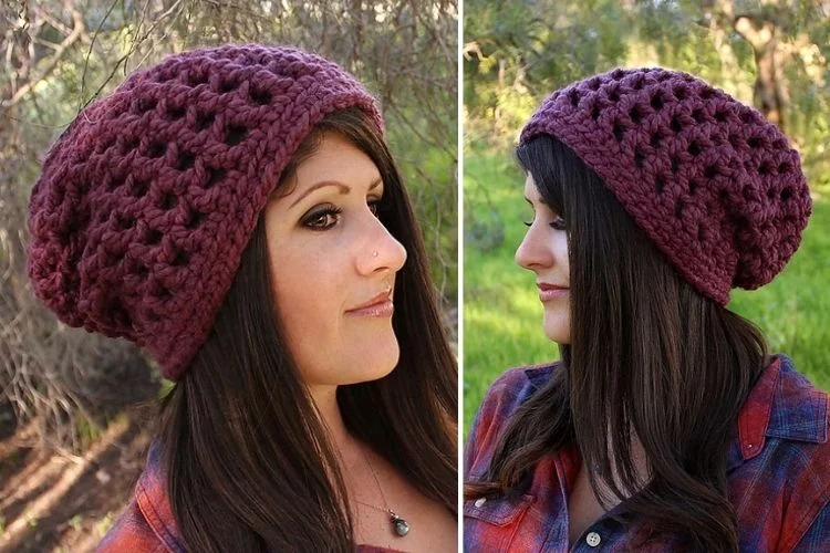 Two pictures of a woman wearing a burgundy knitted hat.