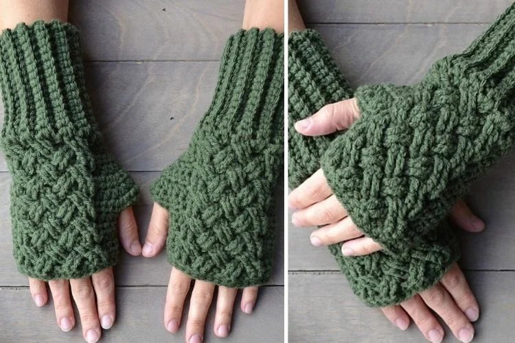 A pair of green knitted fingerless gloves.