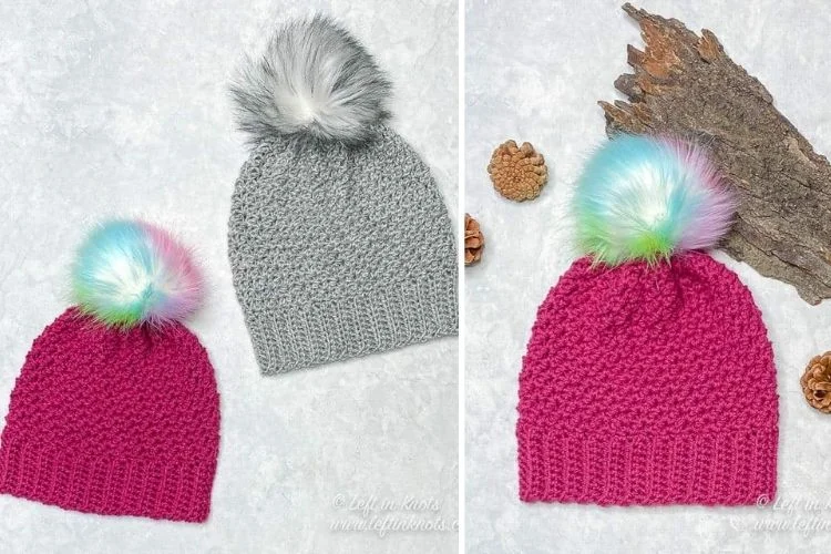 Two pictures of crocheted hats with colorful pom poms.