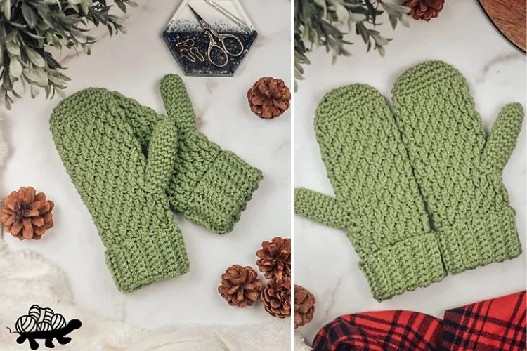 Two pictures of green knitted mittens.