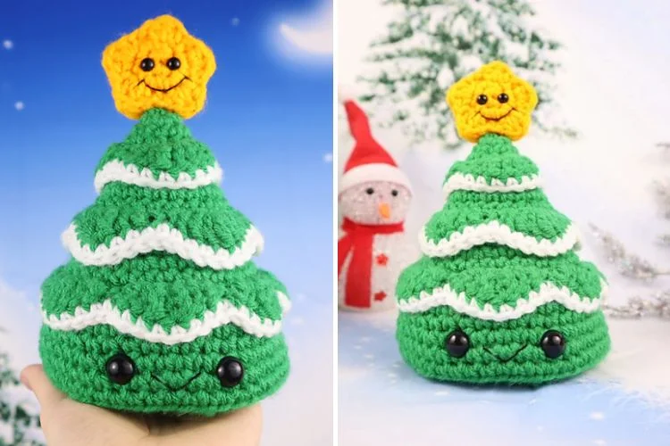 Two pictures of a crocheted christmas tree.