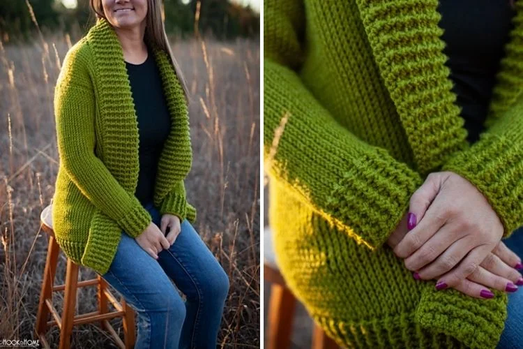 A woman wearing a green knitted cardigan.