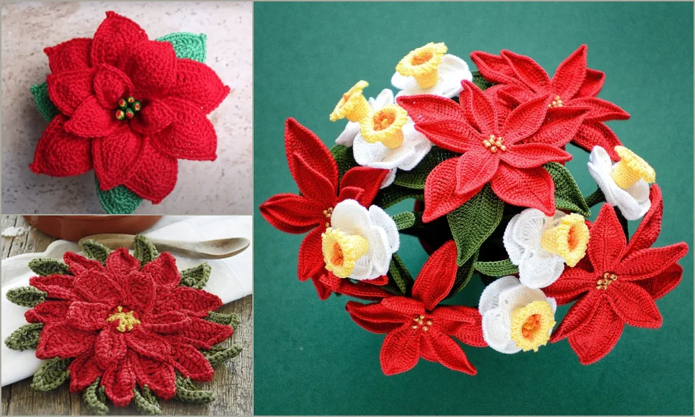 Crocheted poinsettia flower pattern.