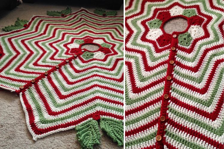 Two pictures of a crocheted christmas tree.