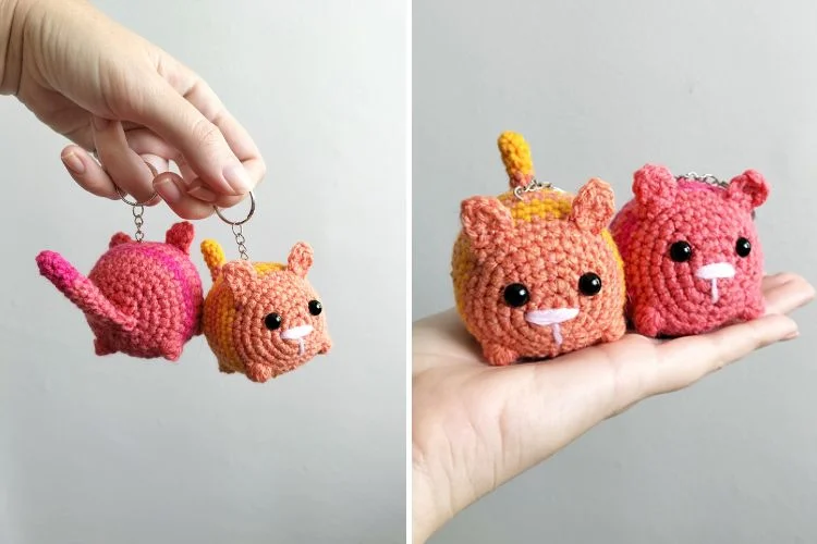 Two pictures of crocheted cat keychains.