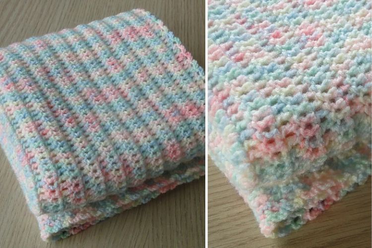 Two pictures of a crocheted blanket on top of a wooden table.