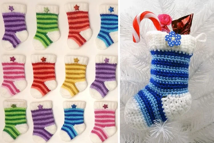 Crocheted christmas stockings hanging on a christmas tree.