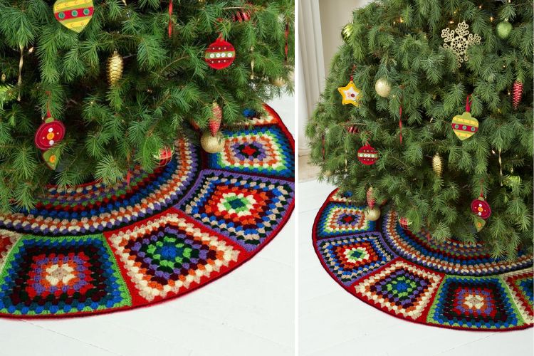 A crocheted christmas tree skirt with ornaments on it.