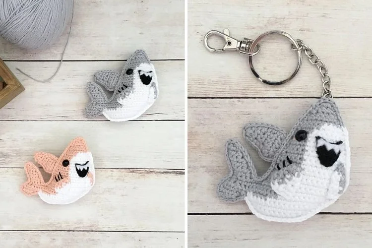 A crocheted shark keychain and a crocheted shark keychain.