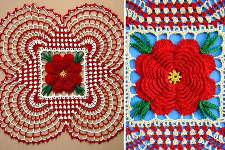 A red and white crocheted doily with a red flower.