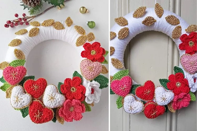 Two pictures of a crocheted wreath with flowers on it.