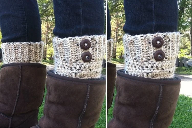 A pair of crocheted boot cuffs on a woman's feet.