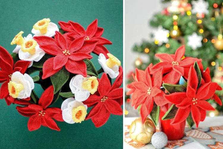 Two pictures of felt poinsettias in a vase.