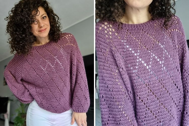 Two pictures of a woman wearing a purple crocheted sweater.