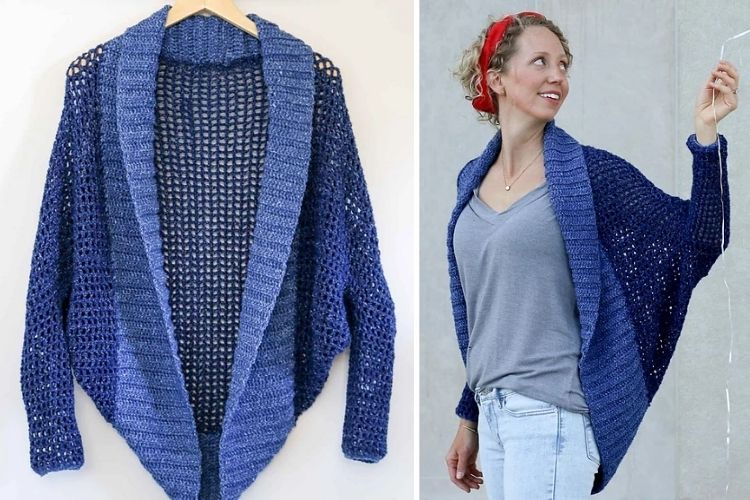 A woman is wearing a blue knitted cardigan.