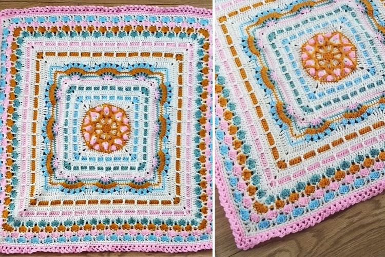 Two pictures of a crocheted afghan.