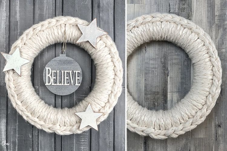 Two pictures of a rope wreath with the word believe on it.