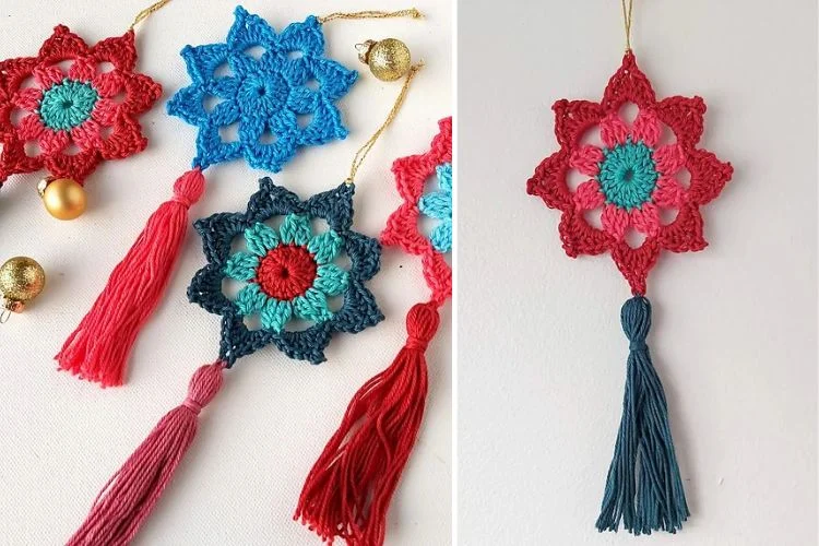 Crochet star ornaments with tassels.