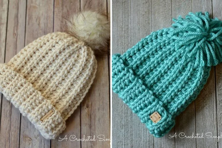 Two pictures of crocheted hats with pom poms.