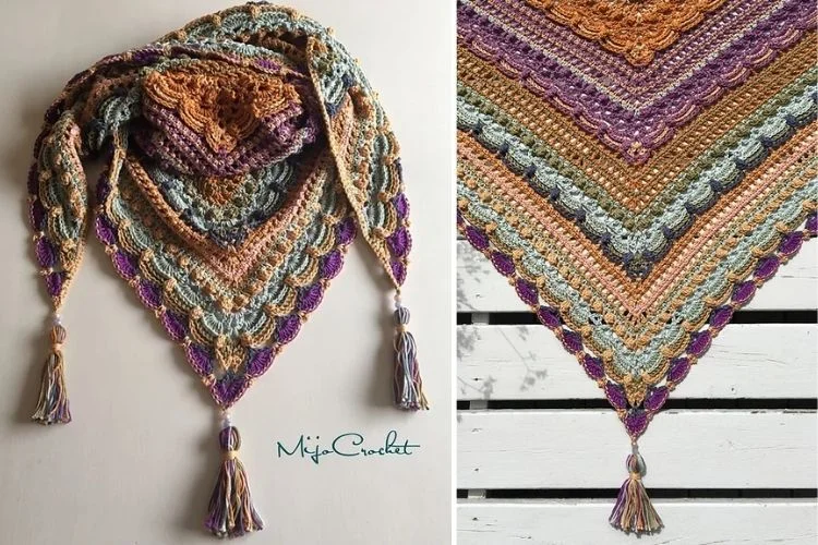 Two pictures of a crocheted shawl with tassels.