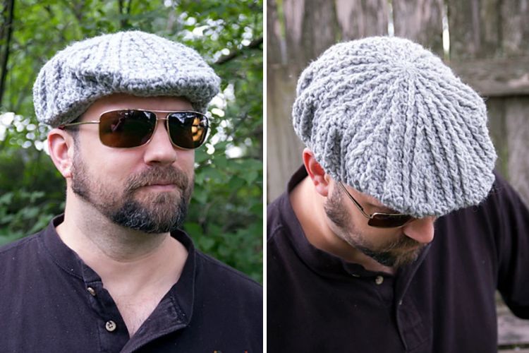 Two pictures of a man wearing a grey knitted hat.