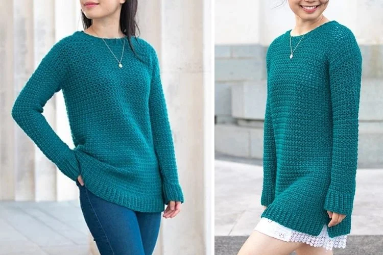 Two pictures of a woman wearing a teal sweater.